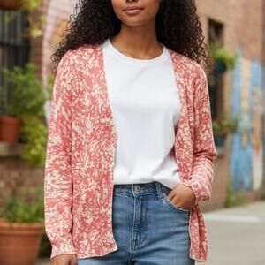 Talbots Lightweight Cardigan Womens Large Pink Cream Abstract Floral Topper